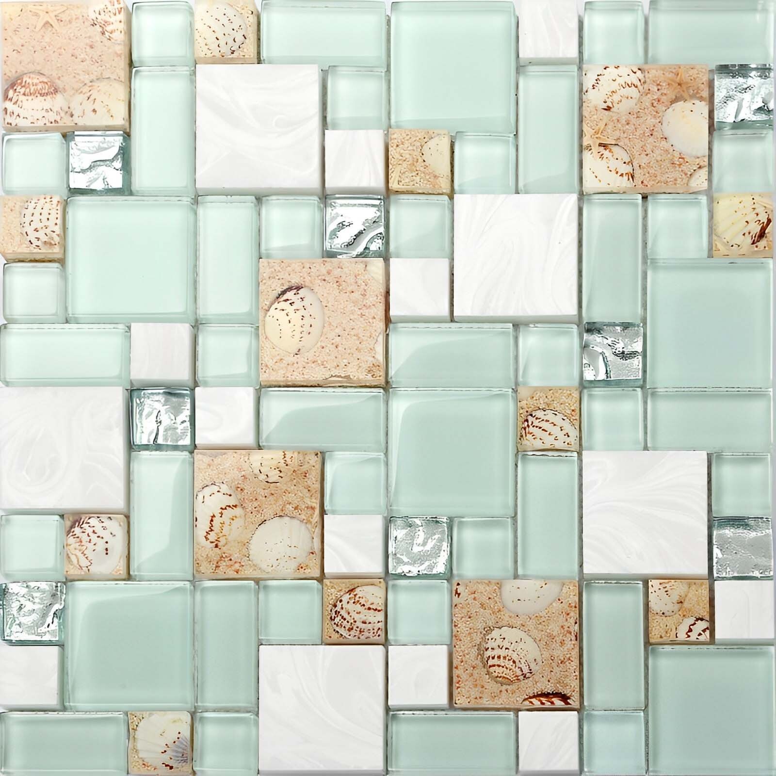 Glass Stone Mosaic Wall Tile Lake Green Beach Style House Coastal Backsplash