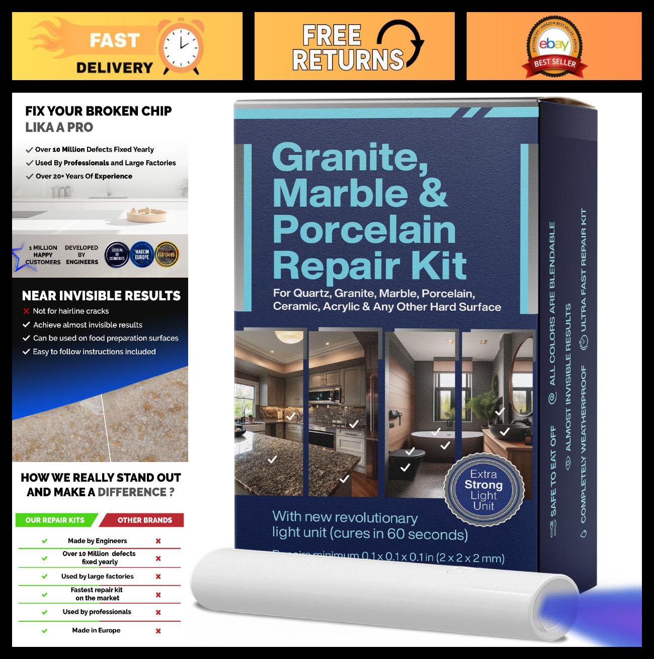 Granite Marble Porcelain Repair Kit – Clear Black Acrylic for Countertops Tiles