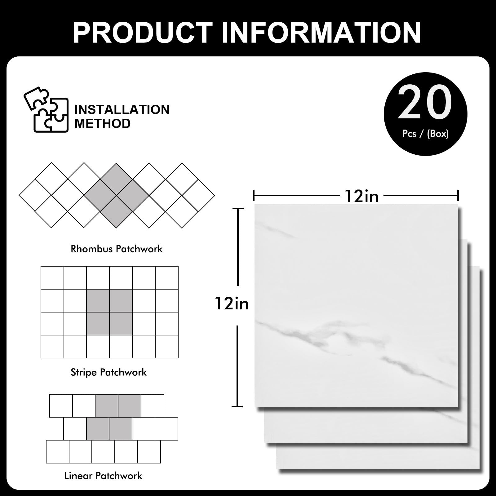 20-Pack 12″x12″ Marble Peel and Stick Floor Tiles Waterproof Self Adhesive Vi…