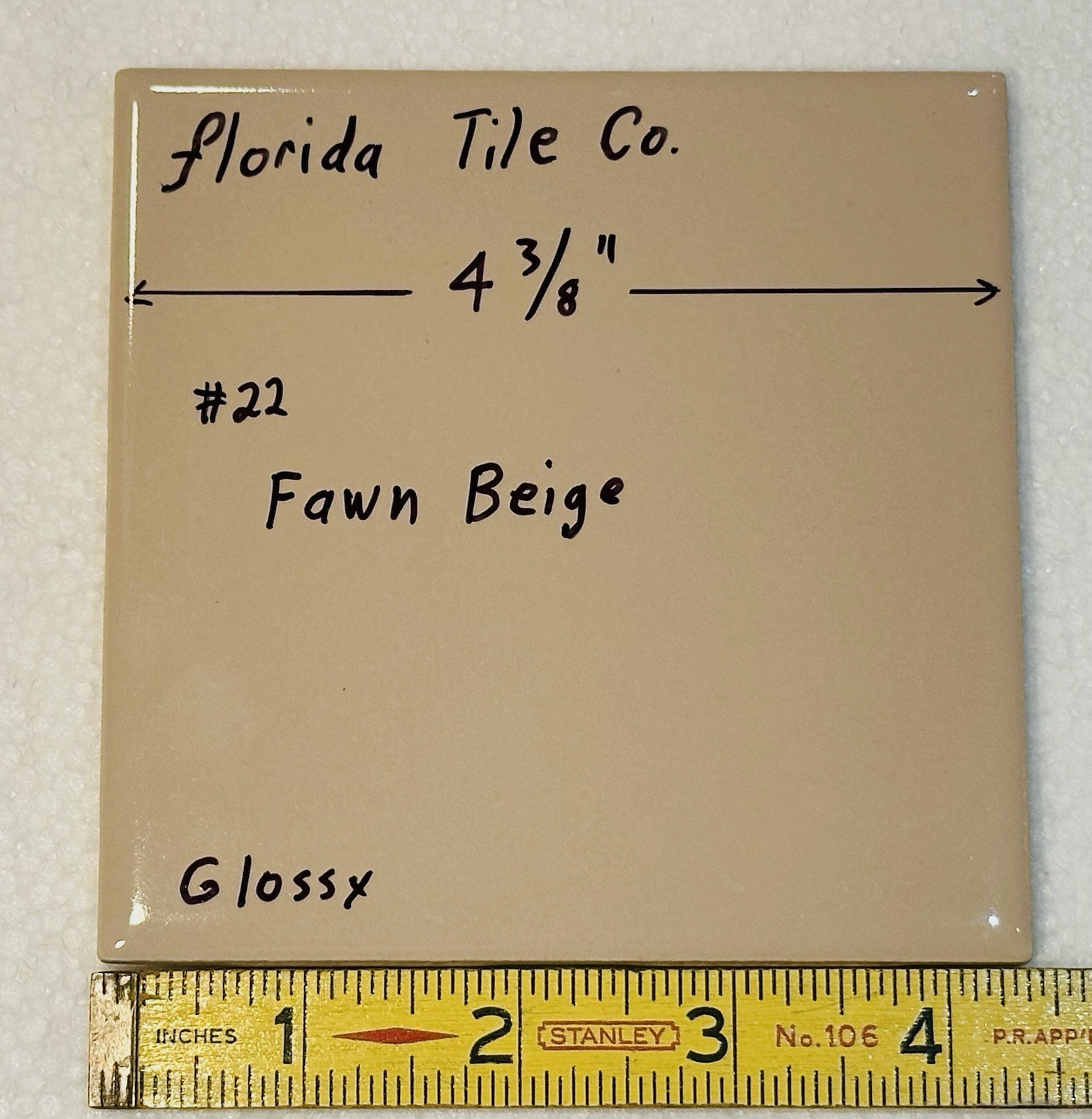 1 pc. Fawn Beige: Glossy Ceramic Tile 4-3/8″ by Florida Co. NOS