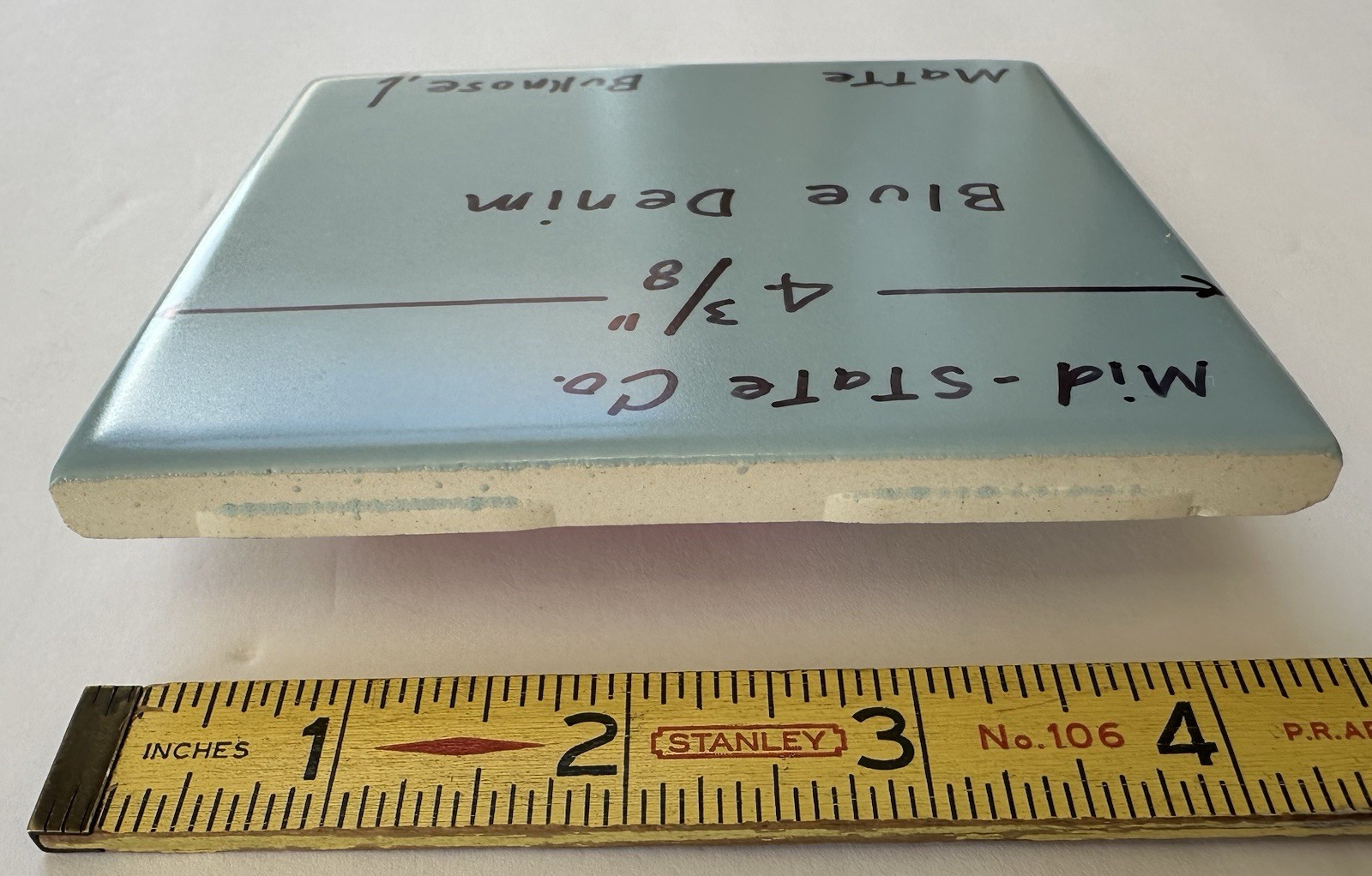 1 pc. Blue Denim: Bullnose Matte Ceramic Tile 4-3/8″ by Mid-State Co. NOS