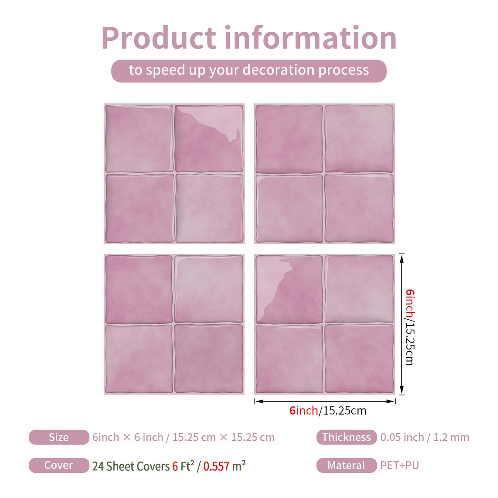 Blush Pink 4 Sheets 6×6 Inch Peel and Stick Subway Tile Backsplash, Self Adhe…