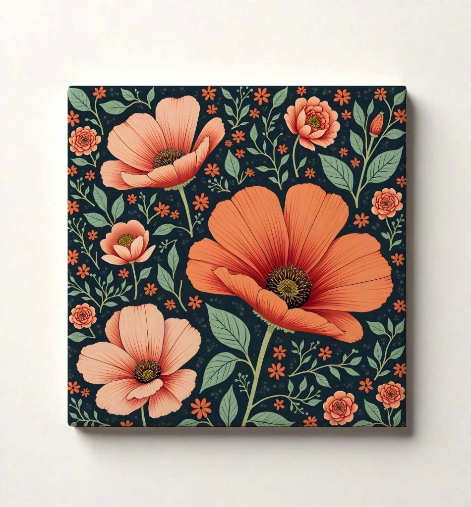 Floral Ceramic Tile 3 sizes Orange Green Flowers 13 Printed in US