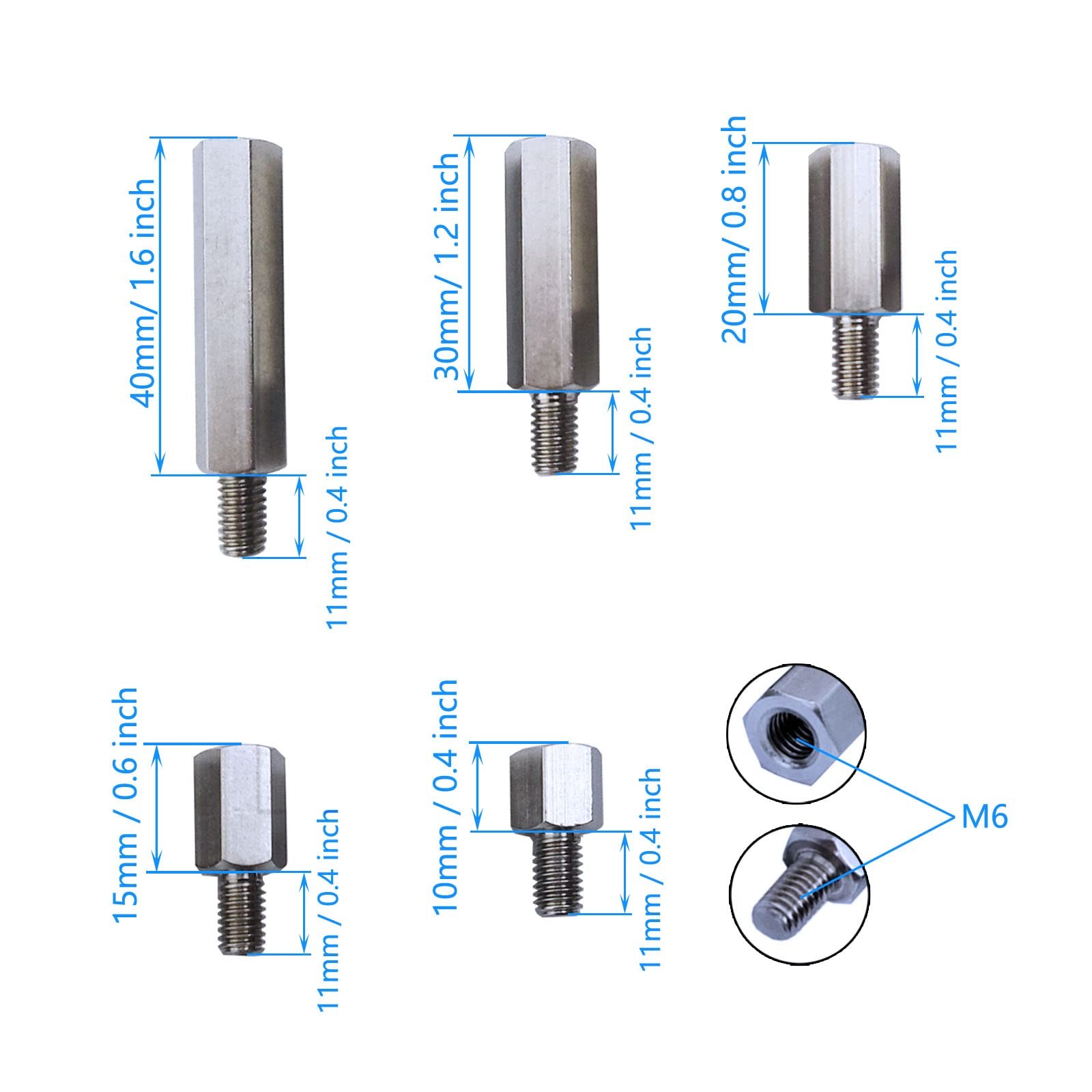 10 Pcs Stainless Steel Single Head Stud 10mm, 15mm, 20mm, 30mm, 40mm, Silver