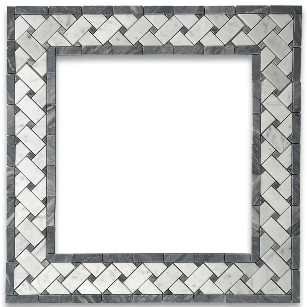 C657BXH Carrara Venato Marble Basketweave Mosaic Border Dark Gray Dots Honed