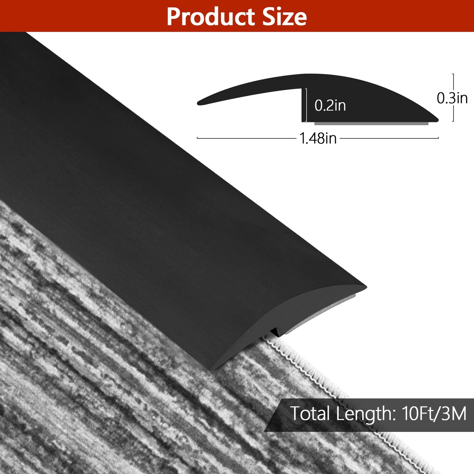 10Ft Floor Transition Strip Self Adhesive Carpet to Tile 10 Feet (5mm), Black
