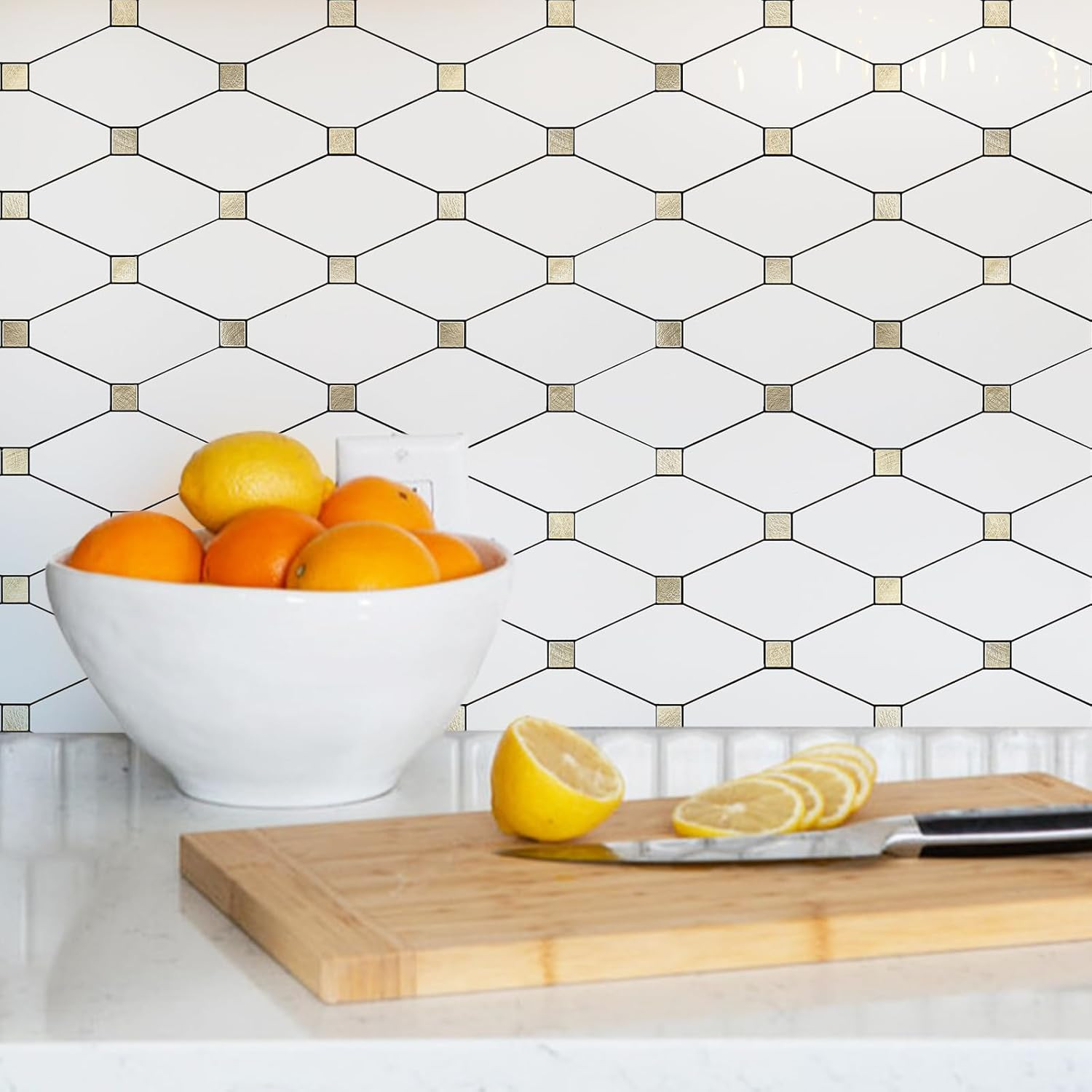 10 Sheets Peel and Stick Backsplash, Pure White Marble Look PVC Mixed Metal Gold