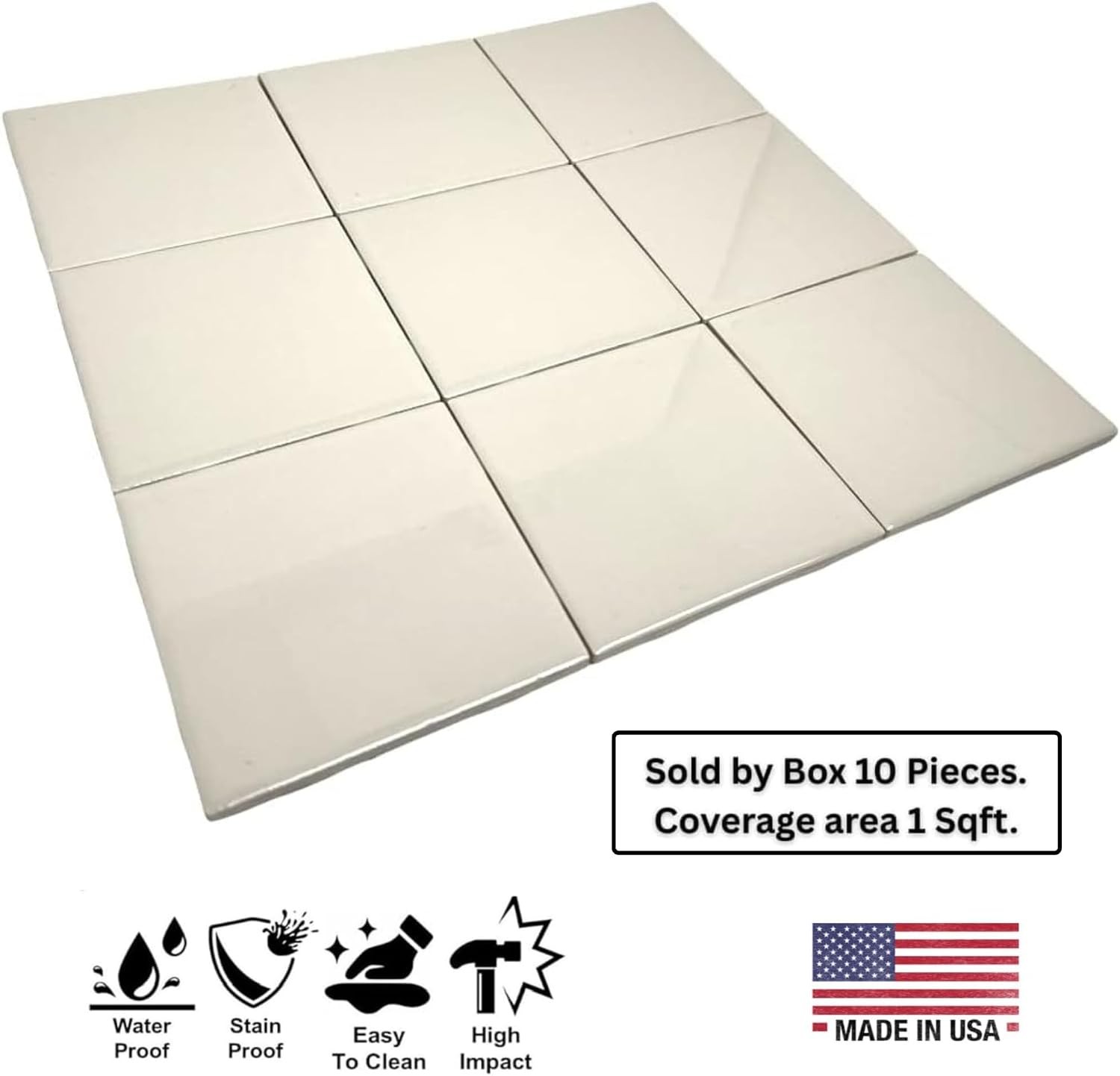 4 in Ceramic Tile Gloss 4 1/4″ Box of 10 Pieces for Bathroom Wall and Kitchen