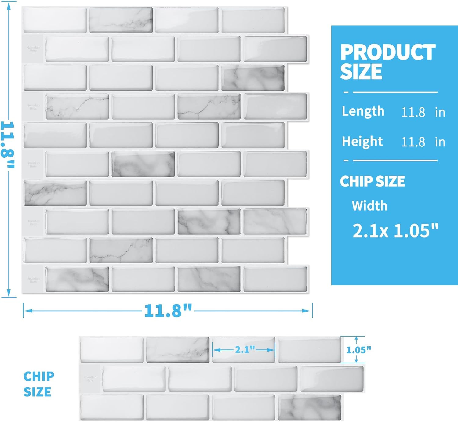 10-Sheet Peel and Stick Backsplash Tile in White Marble, Self-Adhesive Wall Tile