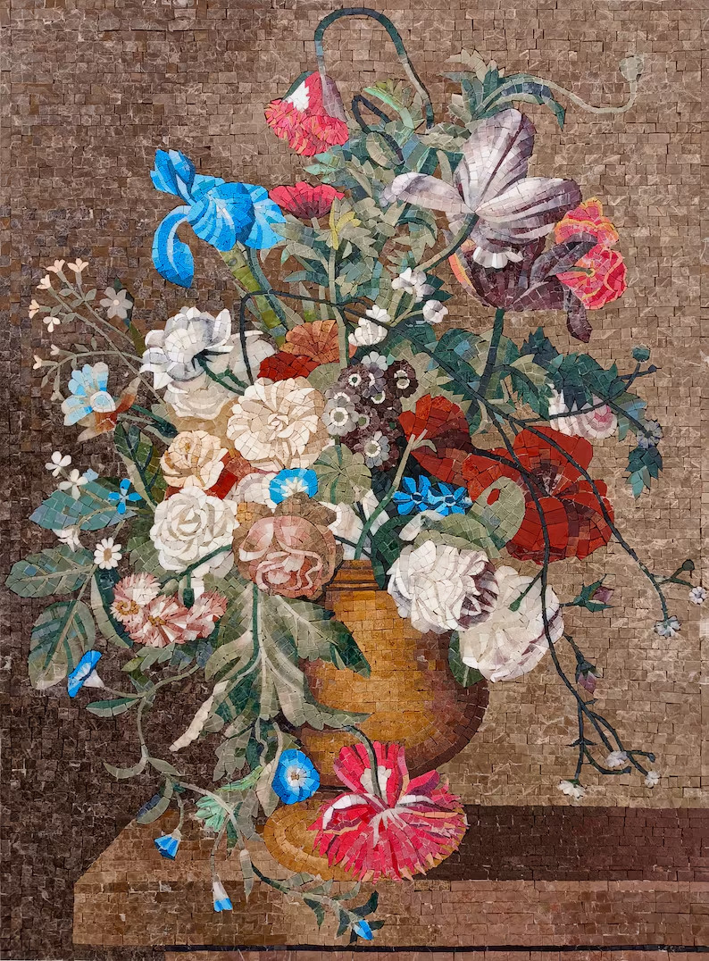 Mosaic Overflowing Multiple Colorful Bloom Flowers Vase Wall Art For Living Room