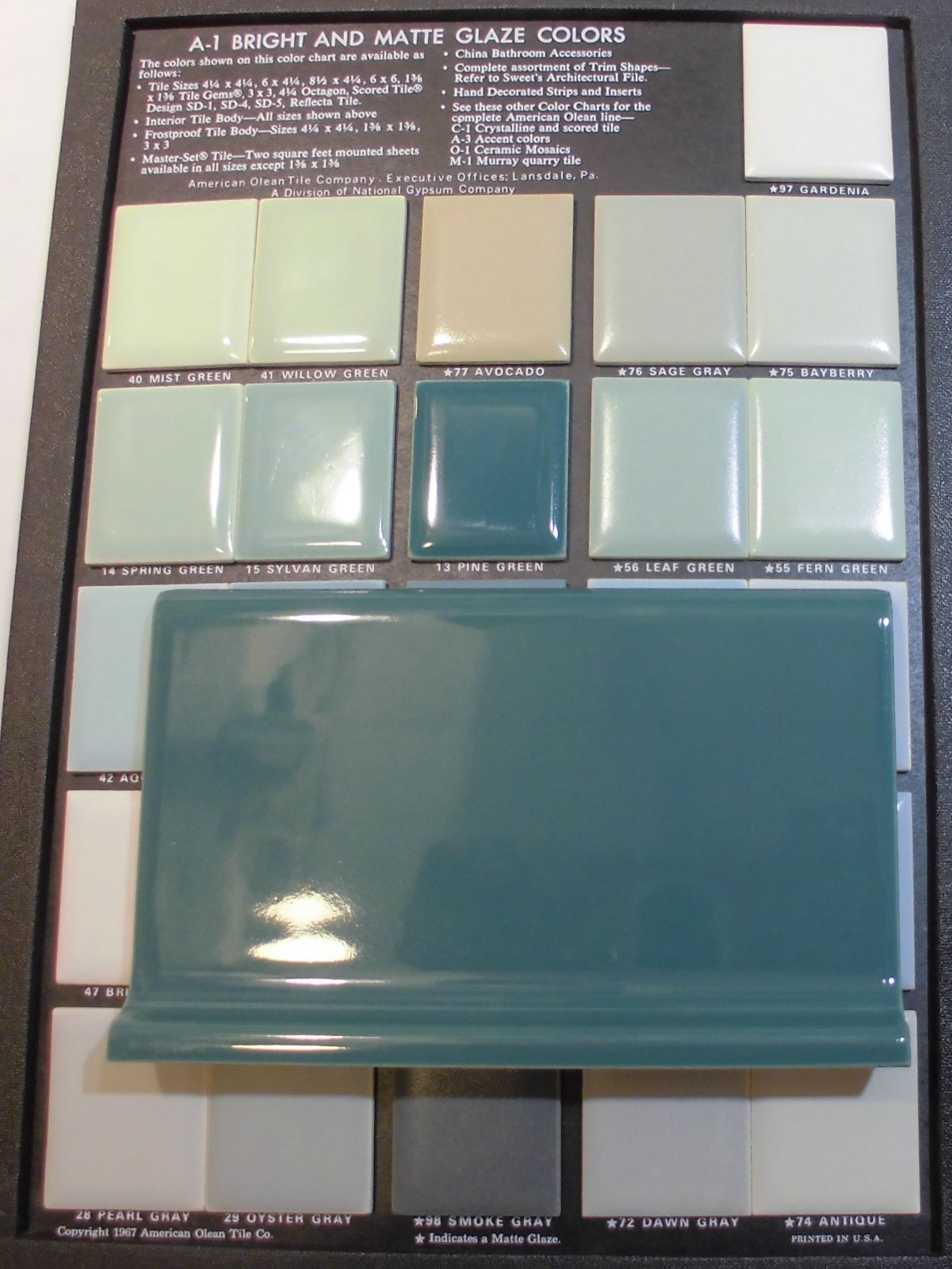 1 pc. Glossy *Pine Green* 4” X 6” Ceramic Cove Base Tile , Bullnose Top “NOS”