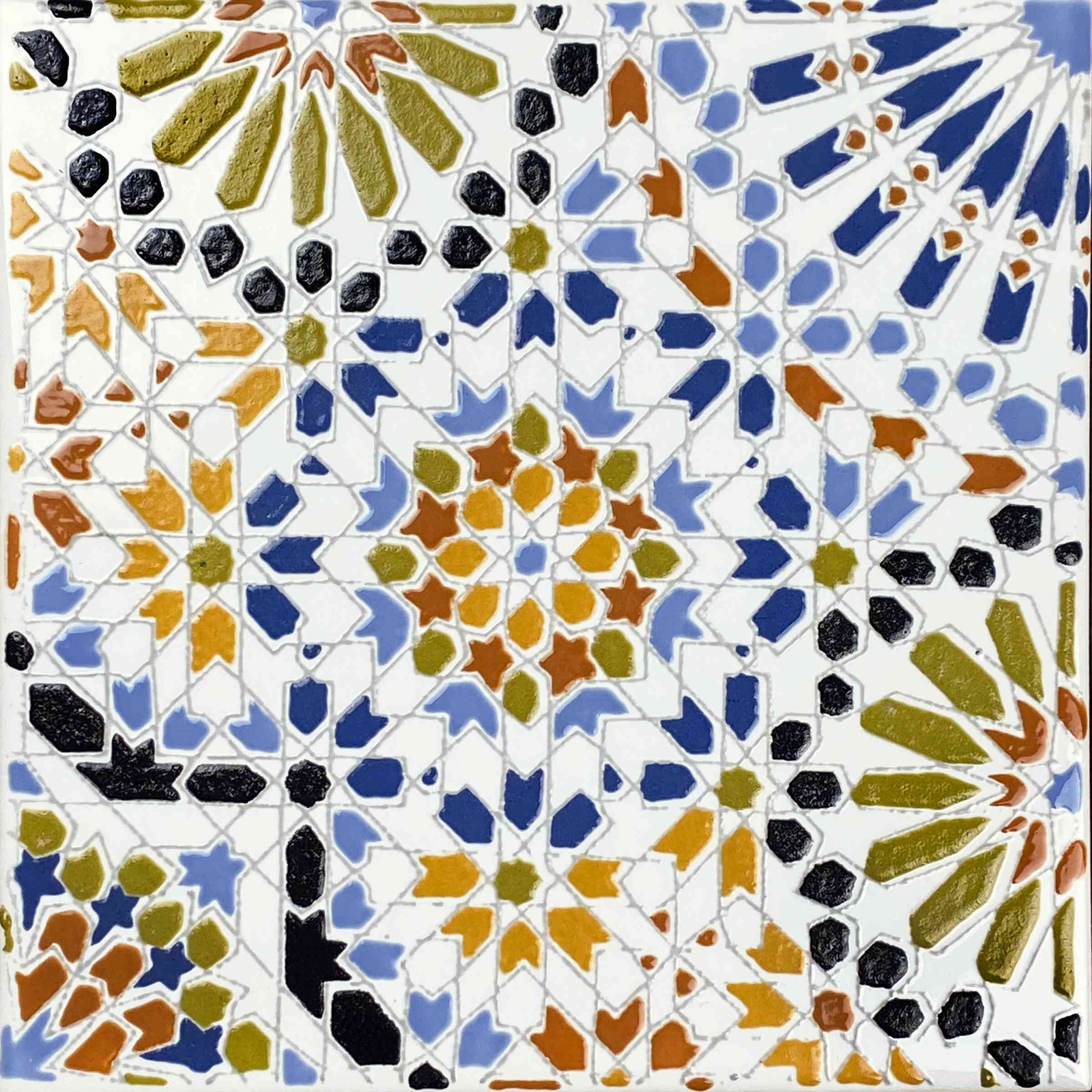 Moroccan ceramic tiles 8×8 inch, 12 tiles in Coloured Patchwork Mosaic – Kenza