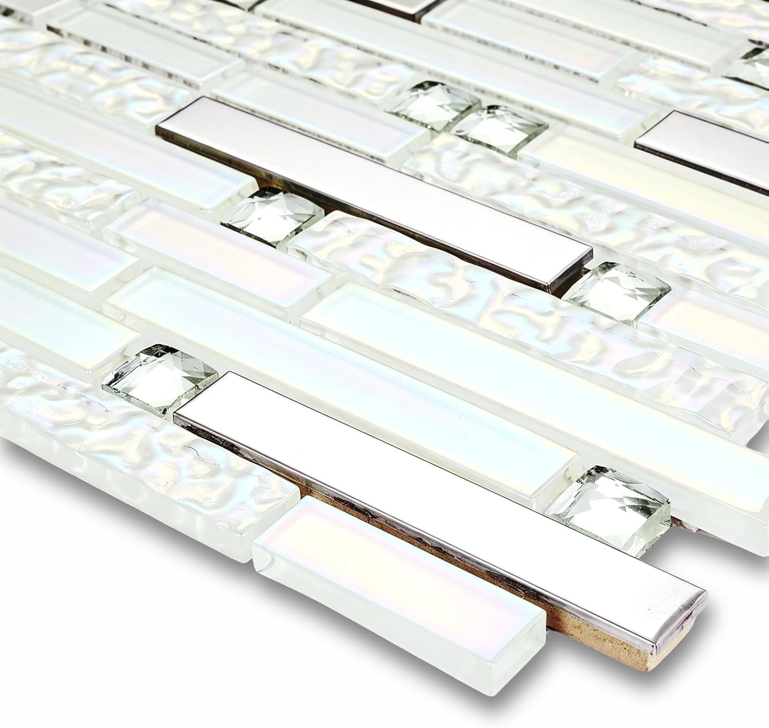 Iridescent White Silver Glass Tile Backsplash for Kitchen & Bath 5 Sq Ft