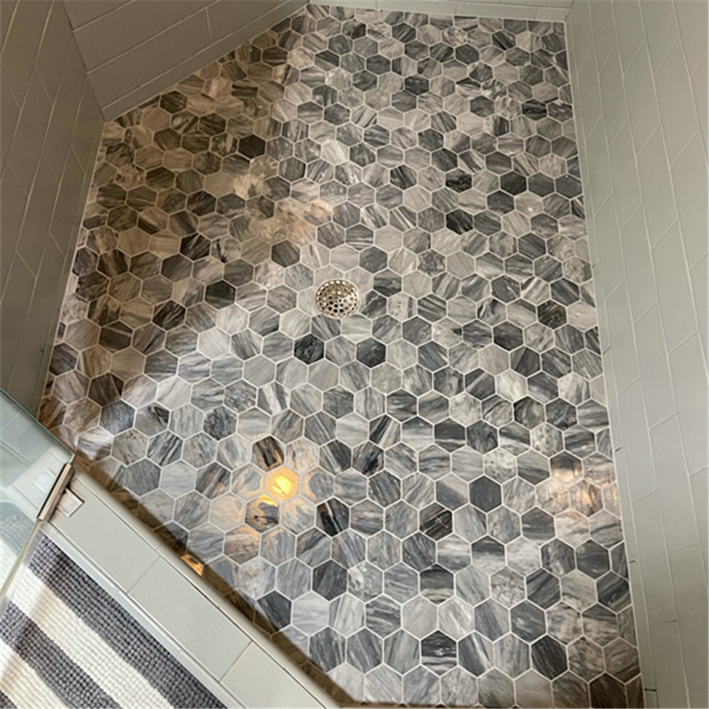 K33XP Bardiglio Gray Dark Grey Marble 3 inch Hexagon Mosaic Tile Polished
