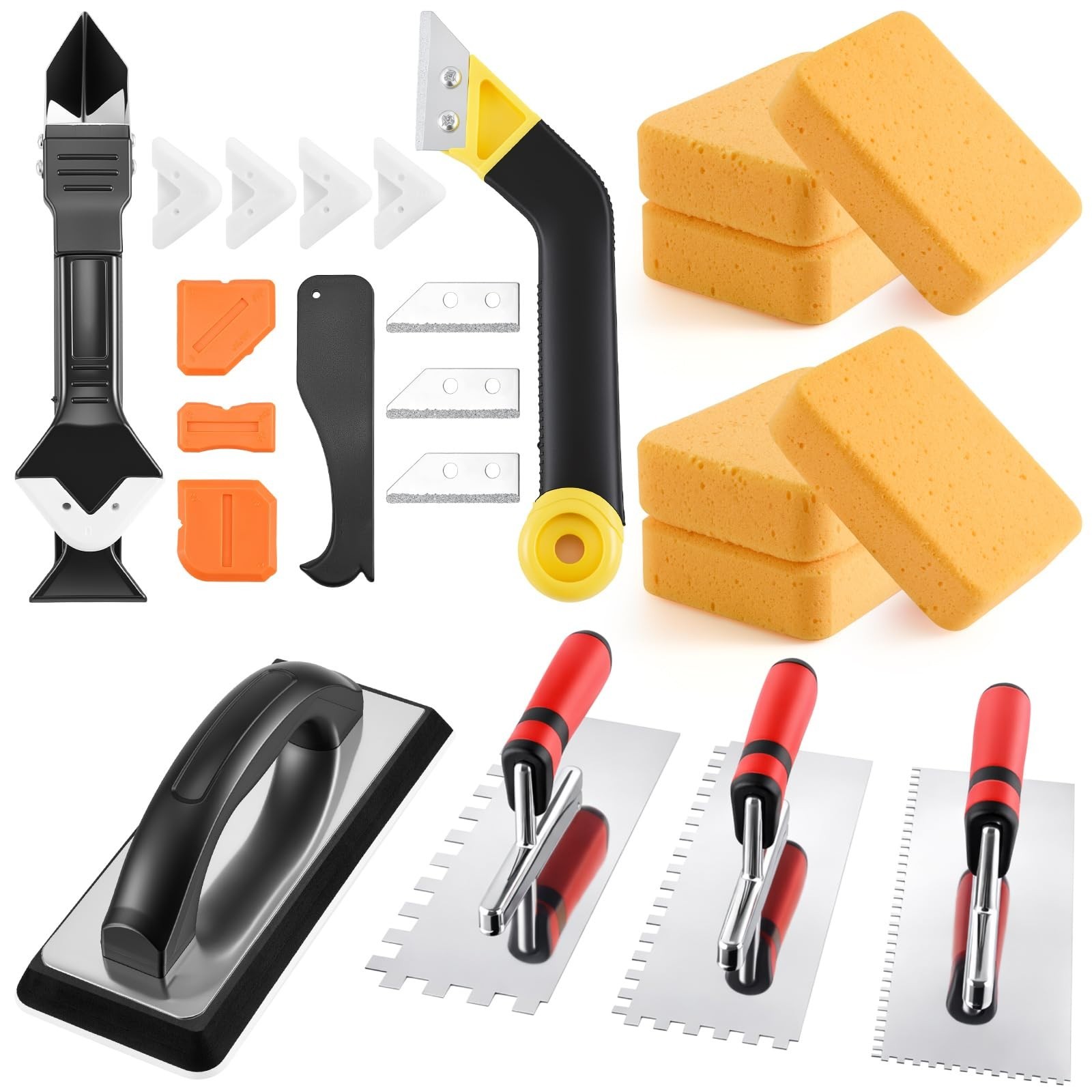 23 Pcs Tile & Grout Tool Set, Caulking Remover, Stainless Steel Trowel, Sponge,