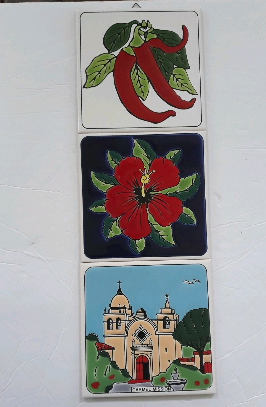 Lot of 3 Art Decorative Ceramic tiles Hibiscus, chili peppers & Carmel Mission