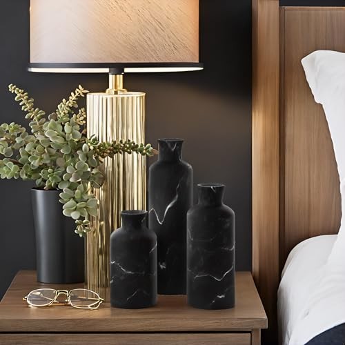 Black Marble Look Vase Set – Vases Home Decor, Premium Matte Black Marble Look