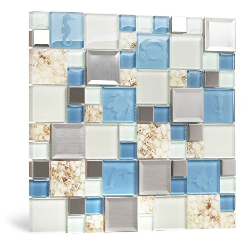 Beach Style Mosaic Tiles – Blue Sea Glass Backsplash with Real Seashells (5 Shee