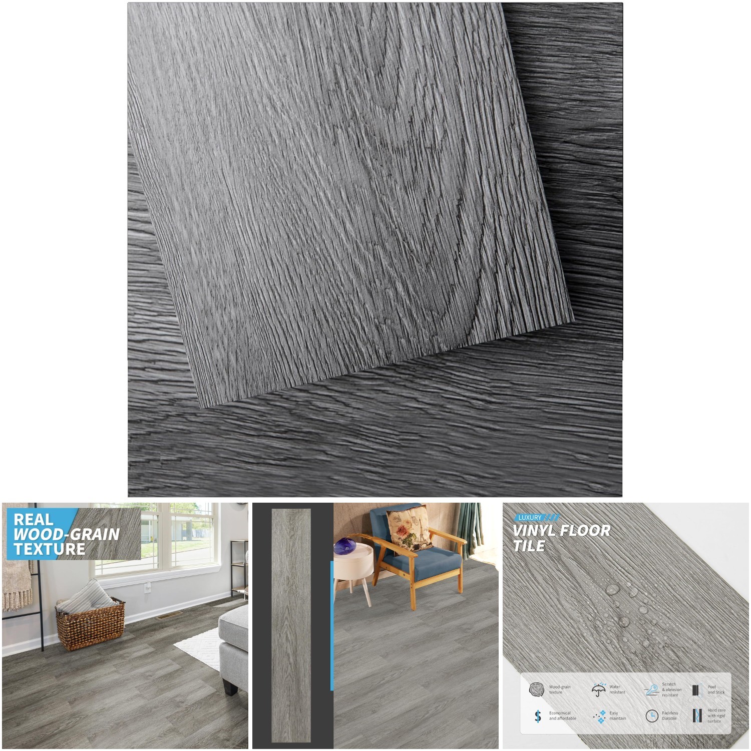 54 Sq.Ft. Large Deep Gray Vinyl Plank Flooring, Durable and Premium