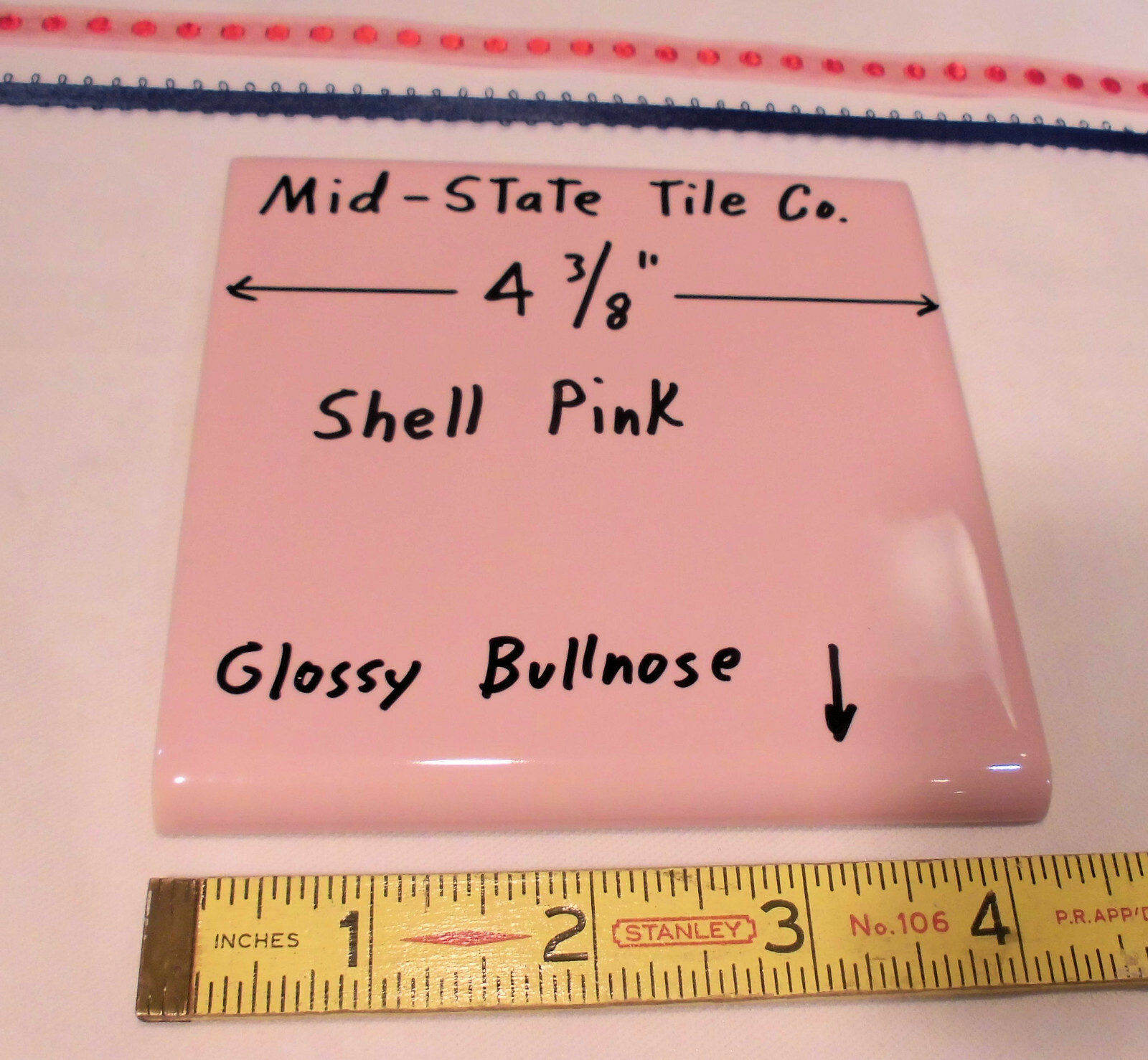 1 pc. “Glossy Shell Pink” Surface Bullnose Ceramic Tile: by 4-3/8″ Mid-State Co.