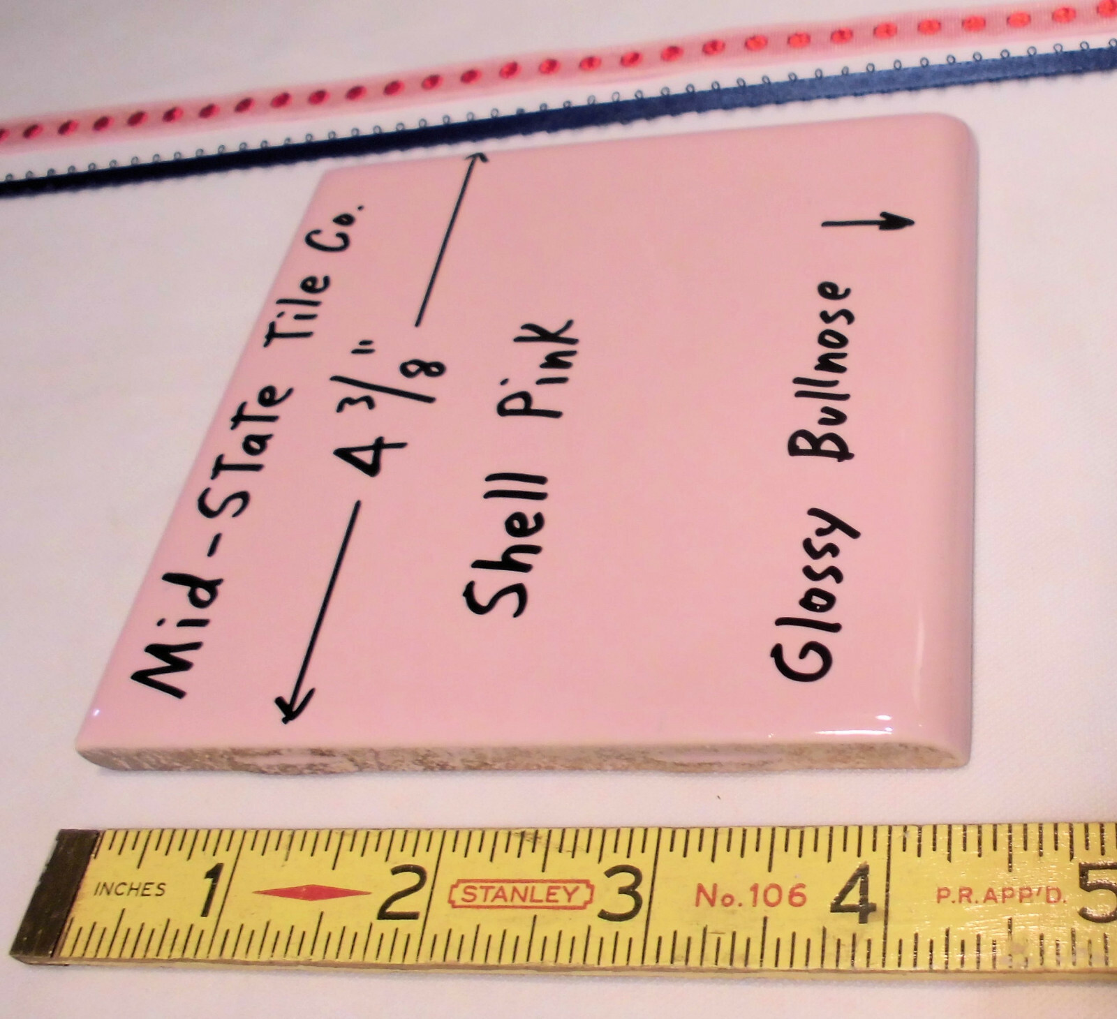 1 pc. “Glossy Shell Pink” Surface Bullnose Ceramic Tile: by 4-3/8″ Mid-State Co.
