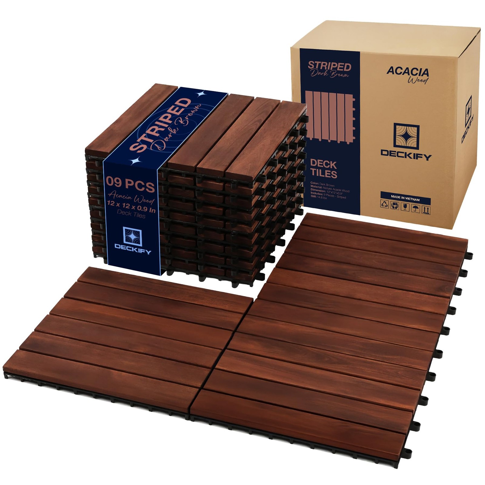 Acacia Wood Interlocking Patio Deck Tiles, 12 x 12 x 0.9 Inch Outdoor Floorin…