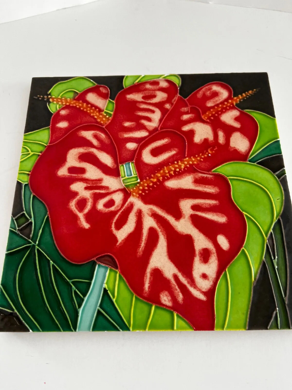 Decorative Ceramic Art Tile Trivet Wall Plaque 8 x 8 Inch Tropical Flower