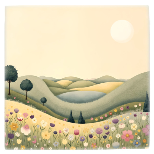 Ceramic Tile 3 sizes Folk Art style Landscape 5 Printed in US