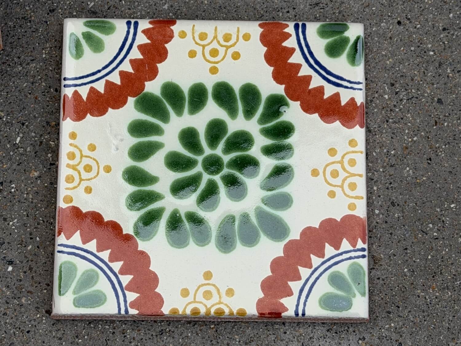 Floral Medallion Green Rosette Talavera Tile 4.25”x4.25” | Handmade Mexican Tile