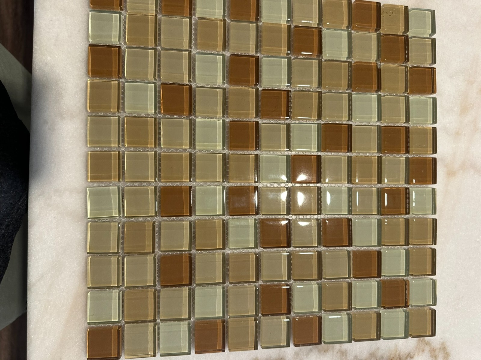Light Beige Mix Glossy Glass Mosaic 1″x1″ Stacked Mesh Mounted