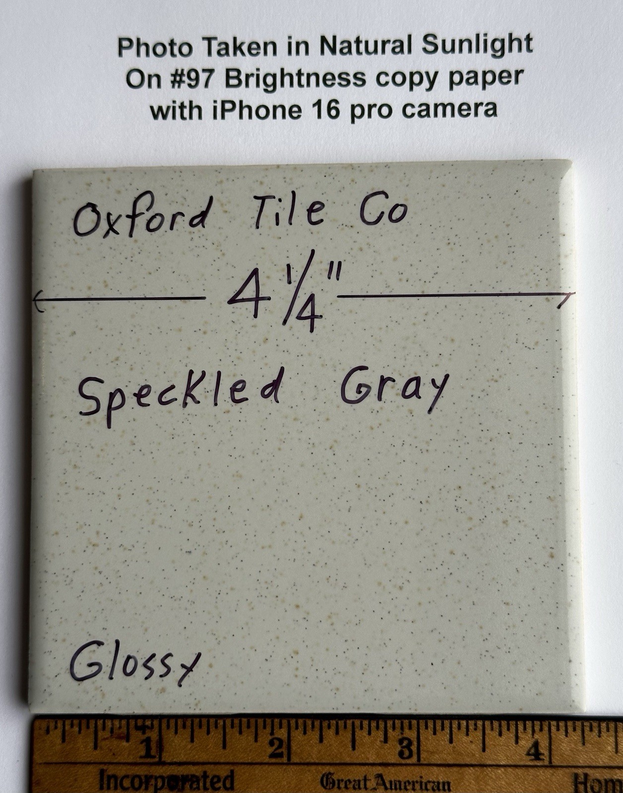 1 pc. Speckled Gray: 4-1/4″ Glossy Ceramic Tile by Oxford Co. NEW