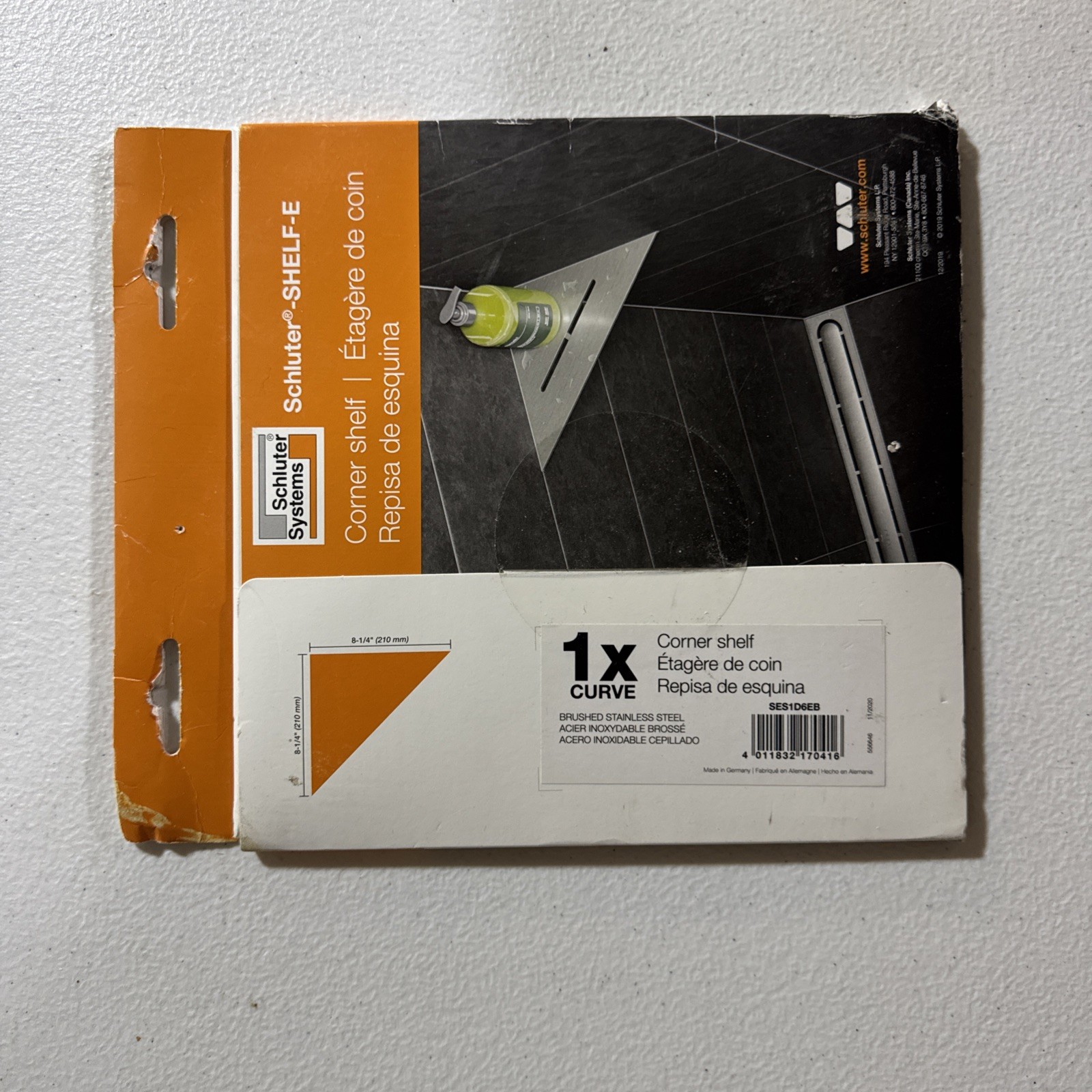 Schluter SHELF-E Corner Shelf – Curve Design, Brushed Stainless Steel – SES1D6EB