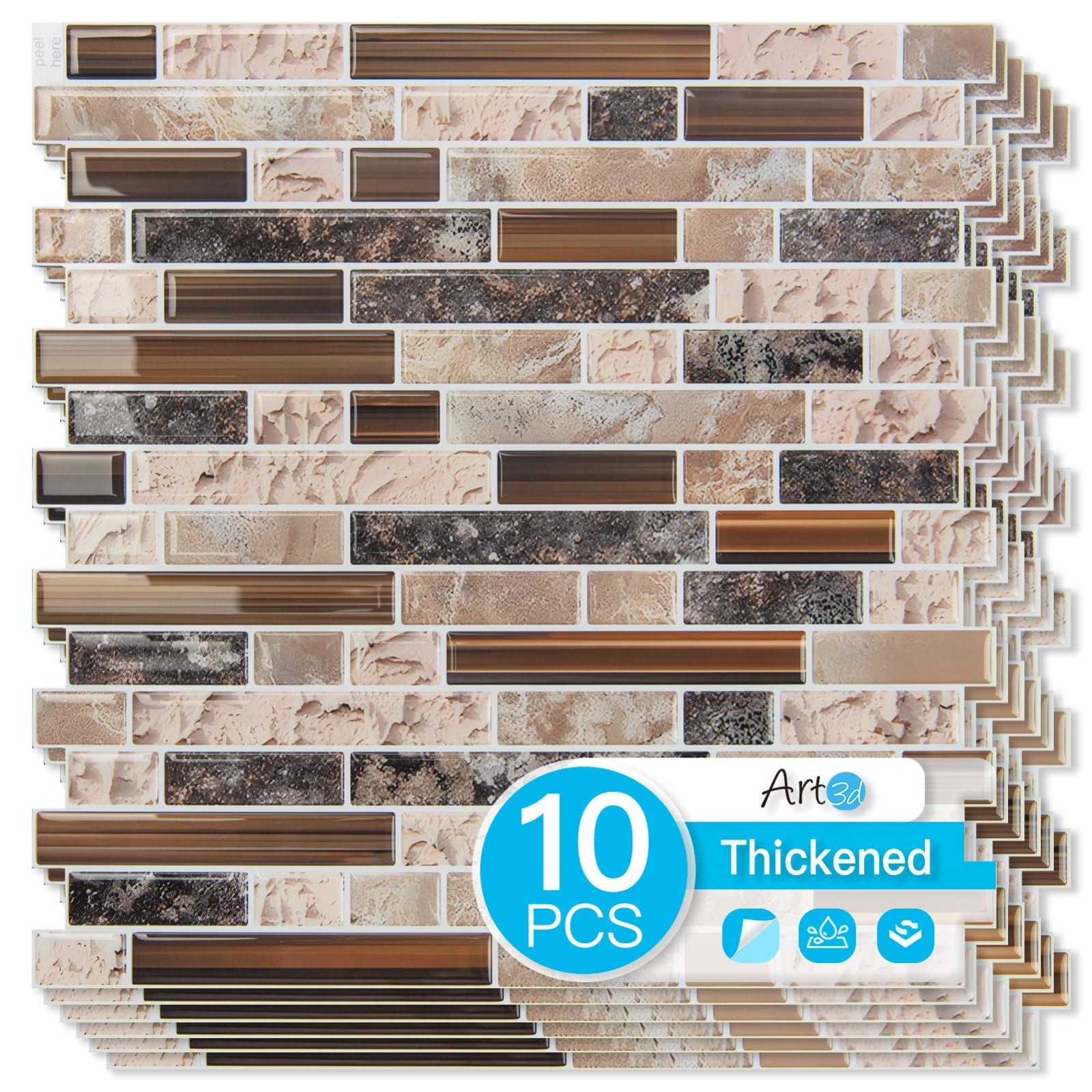 10pcs Peel and Stick Backsplash Thickened Tiles, 12”x12”, Cover 10 Sq.Ft.