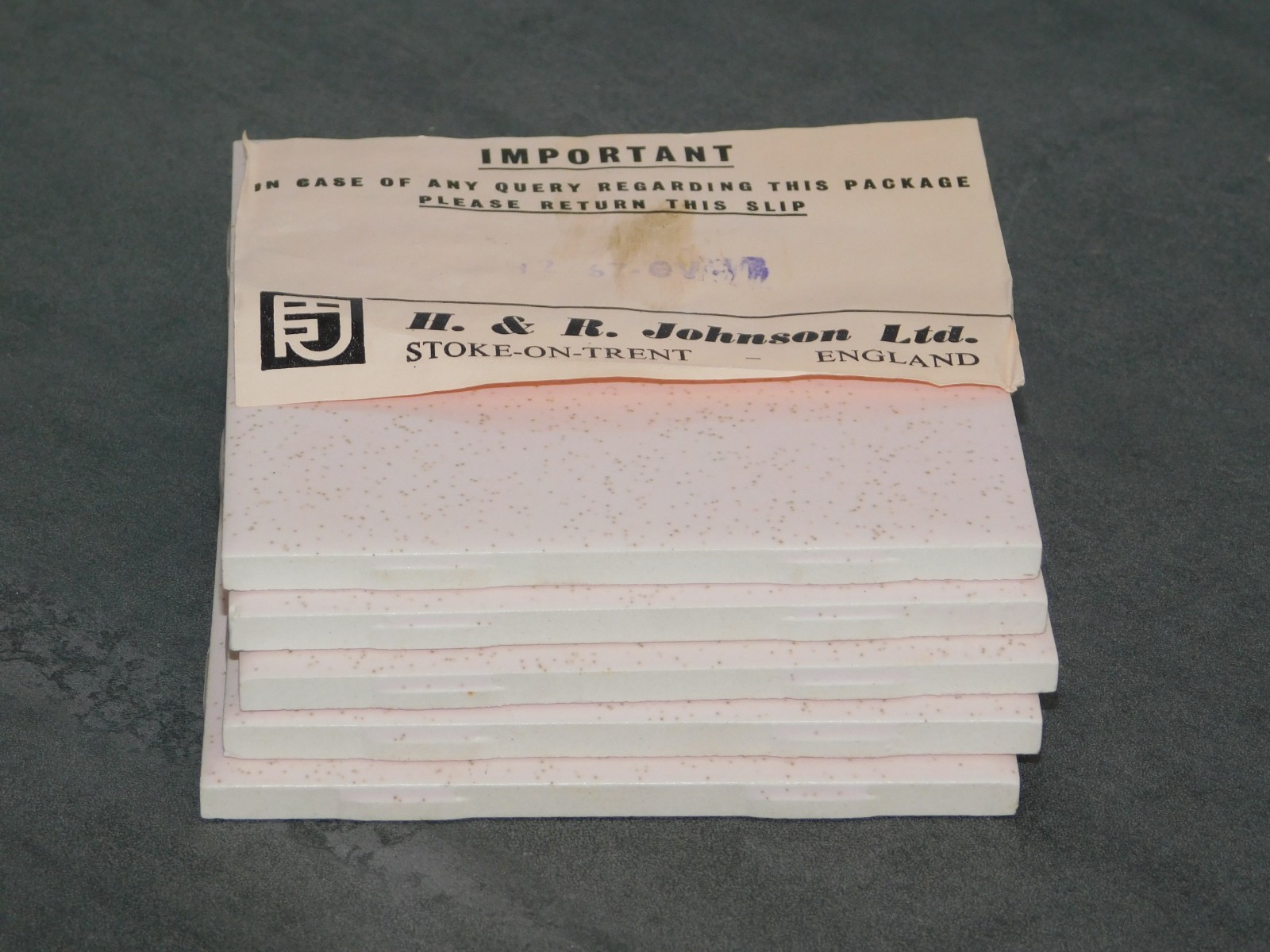 Vtg H&R 1960s NEW OLD STOCK LOT OF 5 PINK with SPECKLES CERAMIC WALL TILE