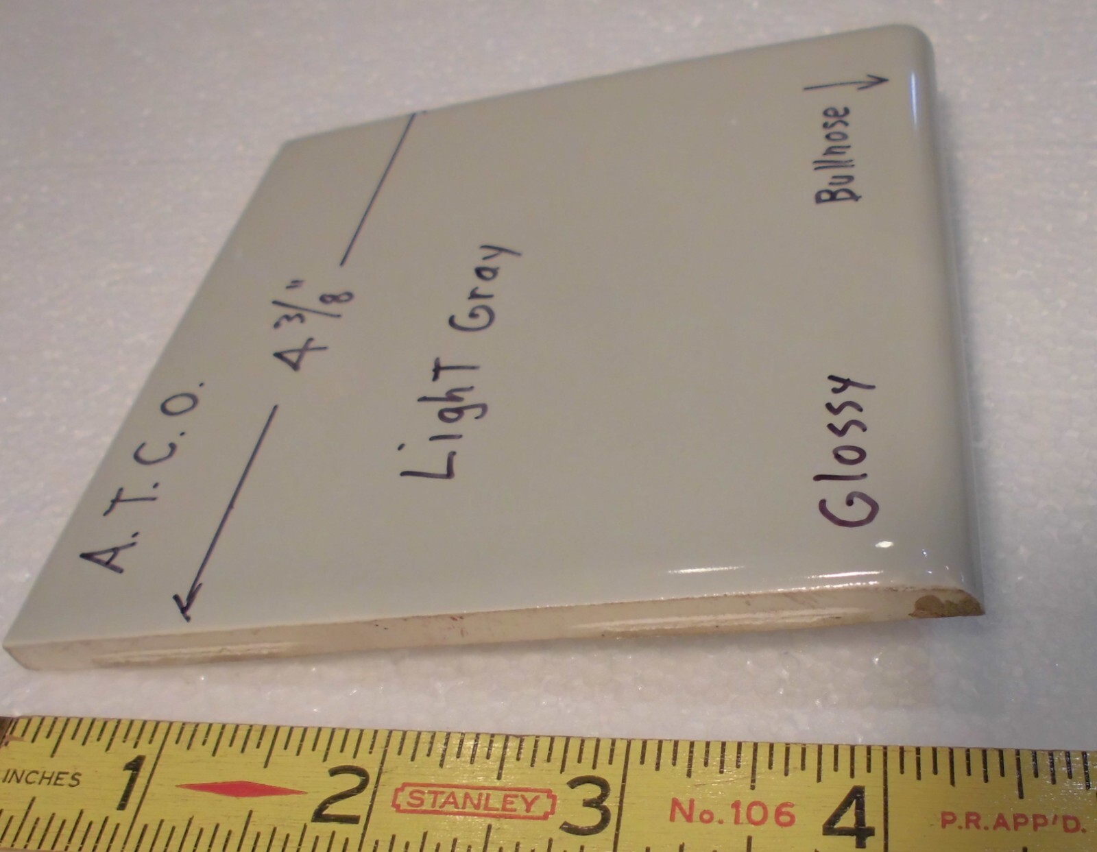 1 pc. Light Gray: 4-3/8″ Glossy Ceramic Bullnose Tile by A.T.C.O. , Pearl Gray