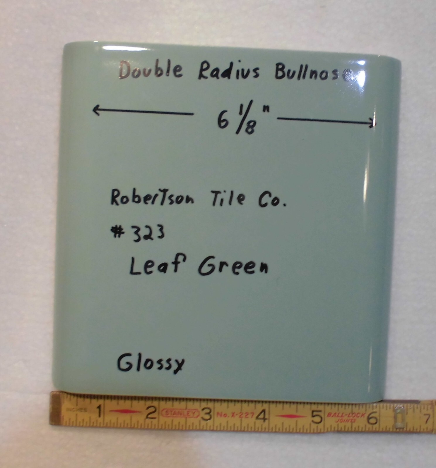 1 pc. Leaf Green 6″ x 6″ Double Radius Bullnose Glossy Ceramic Tile: NOS
