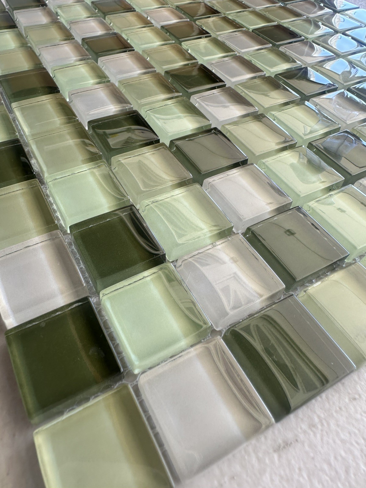 Light green Mix Glossy Glass Mosaic 1″x1″ Stacked Mesh Mounted