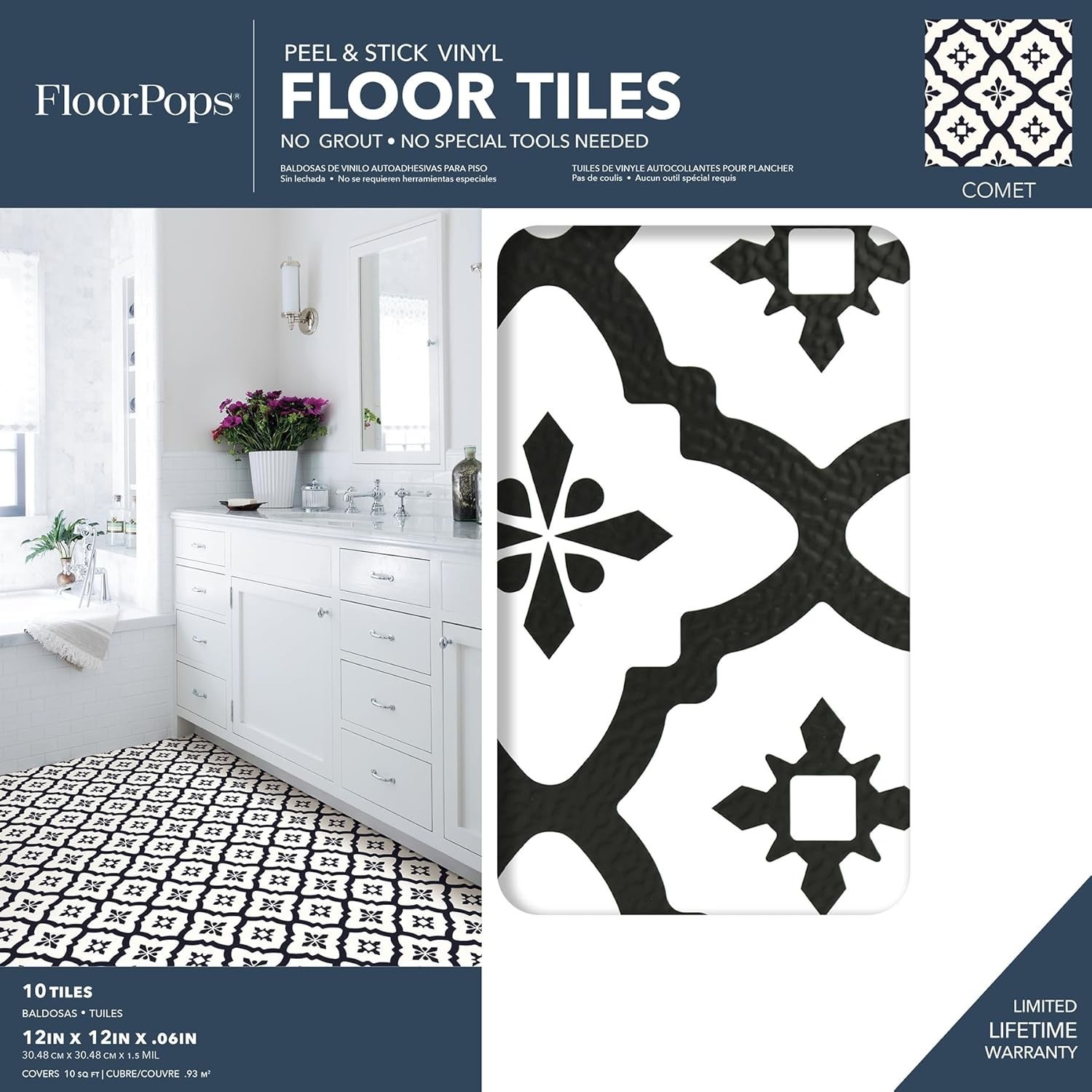 Comet Peel & Stick Vinyl Tiles, Black Geometric 12×12, Water-Resistant Pack o…