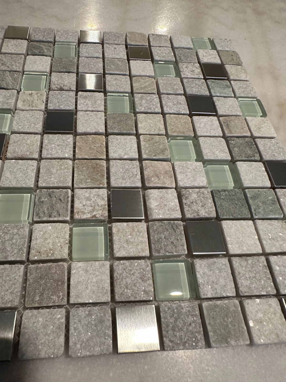 1″x1″ Stone, Metallic, and Glass Mix Mosaic Stacked Meshed Mounted