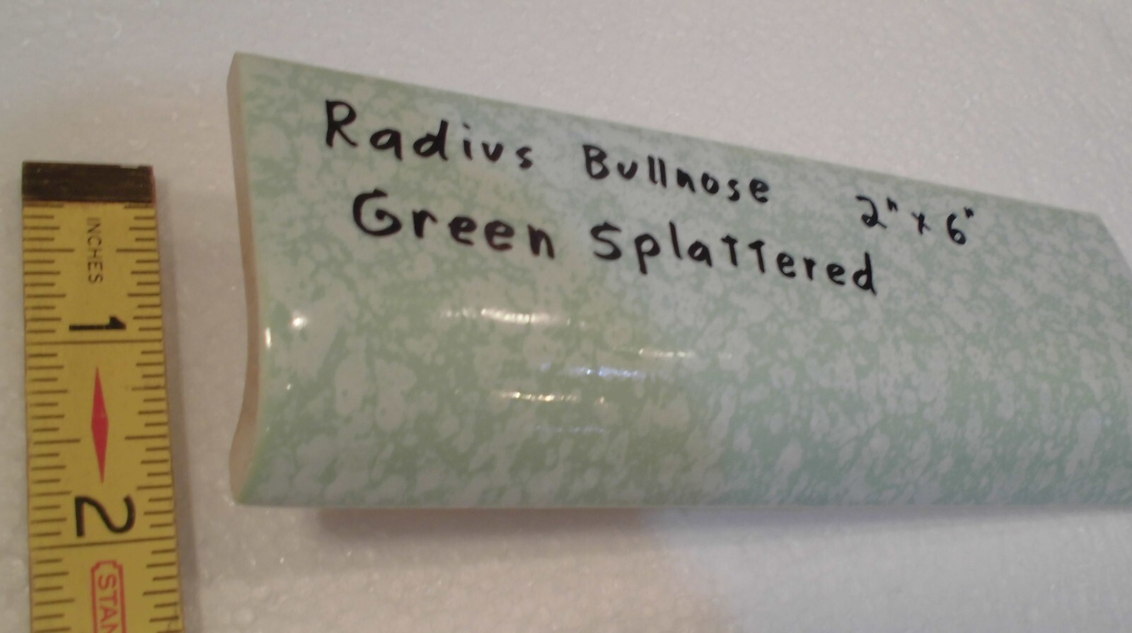 1 pc. “Pale Green Splattered” Ceramic Tile: 2″ X 6″ Glossy Radius Bullnose: NOS