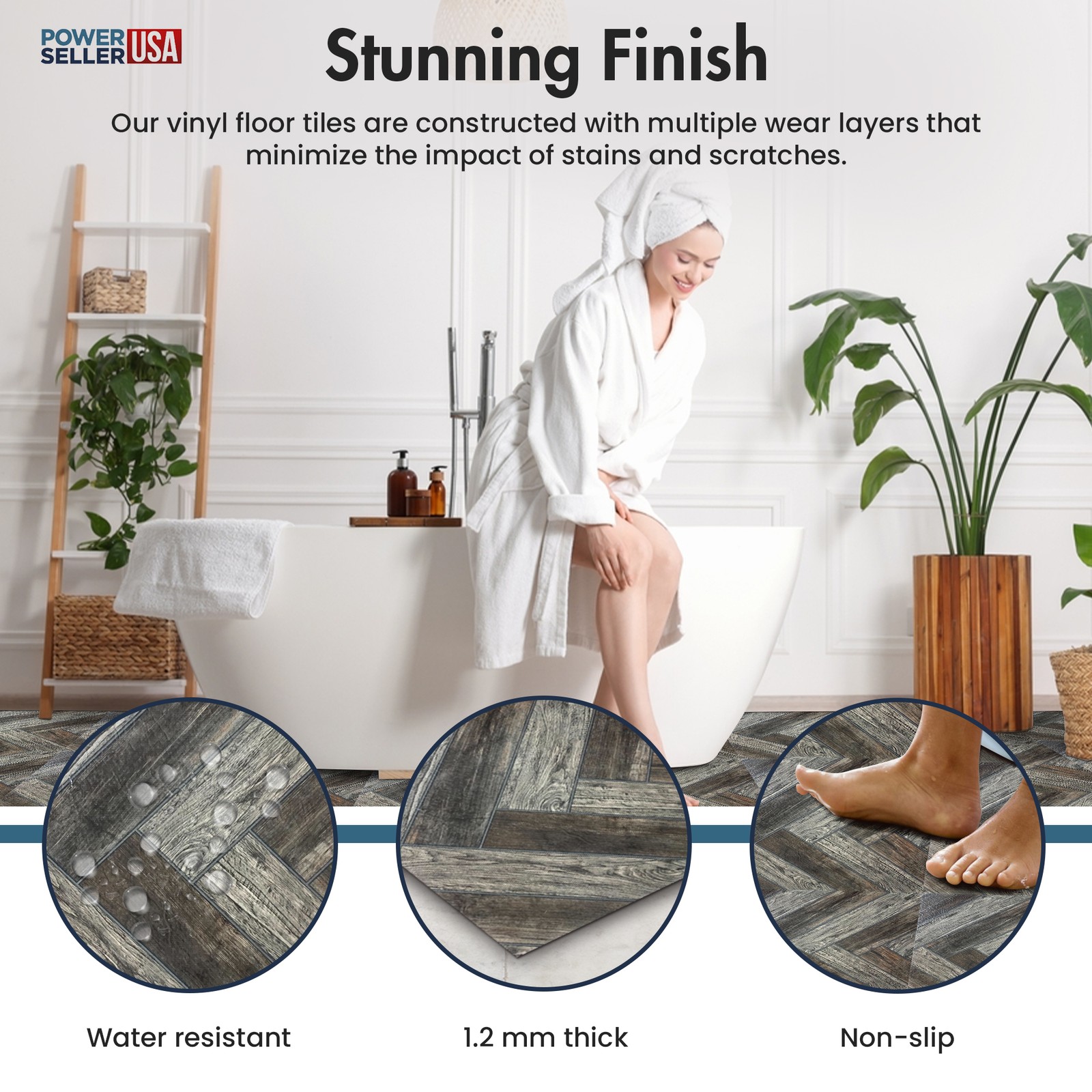 PowerSellerUSA Vinyl Self Adhesive Floor Tiles 20 PCS 12″ x 12″, Herringbone