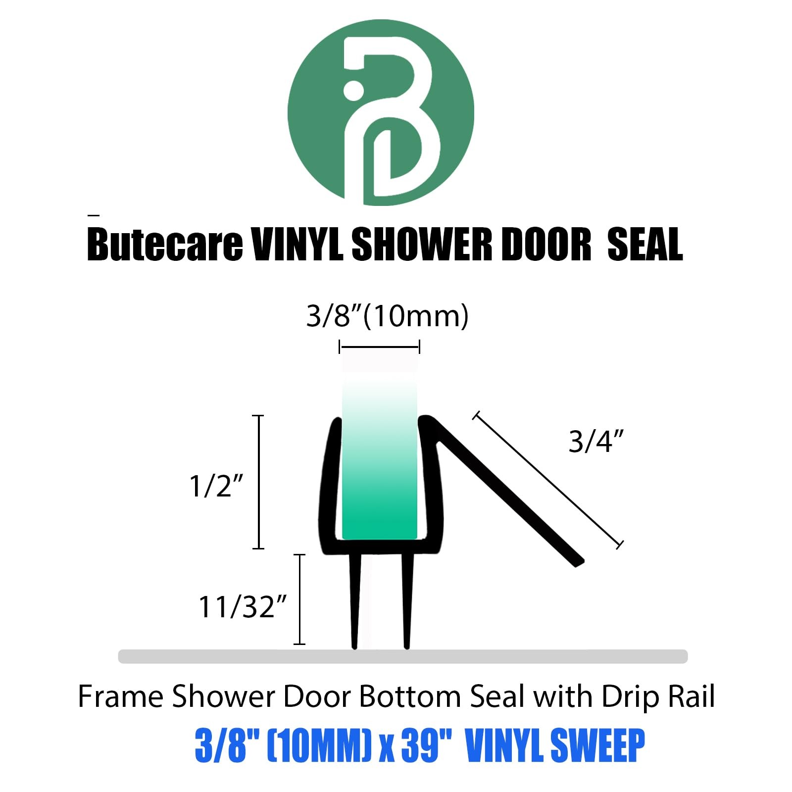 2-Pack Butecare Frameless Shower Door Bottom Seal sweep -3/8”, Clear