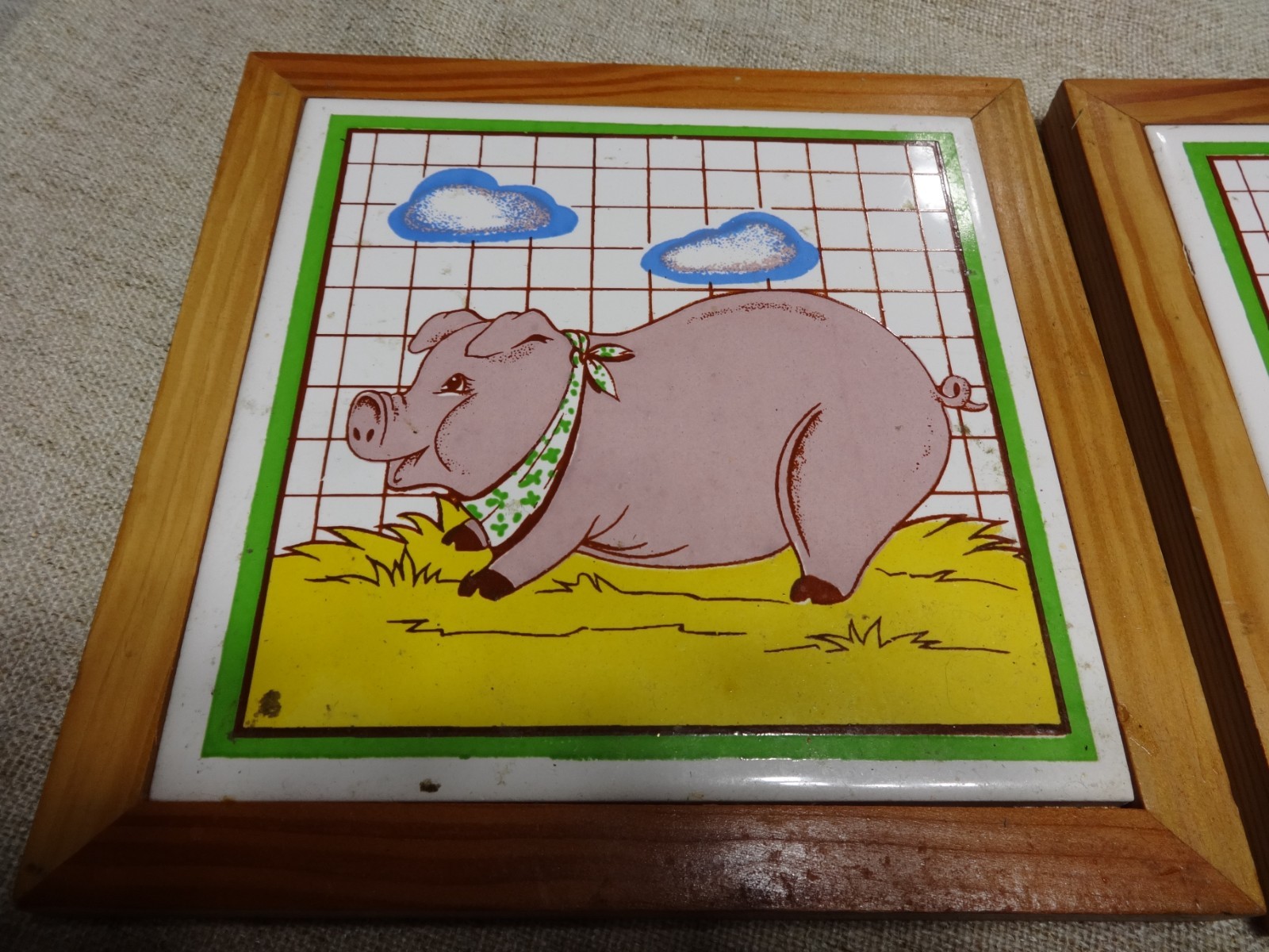 Vintage Farm Animal Pig Ceramic Tile Trivet Set of 2 Wood Frame