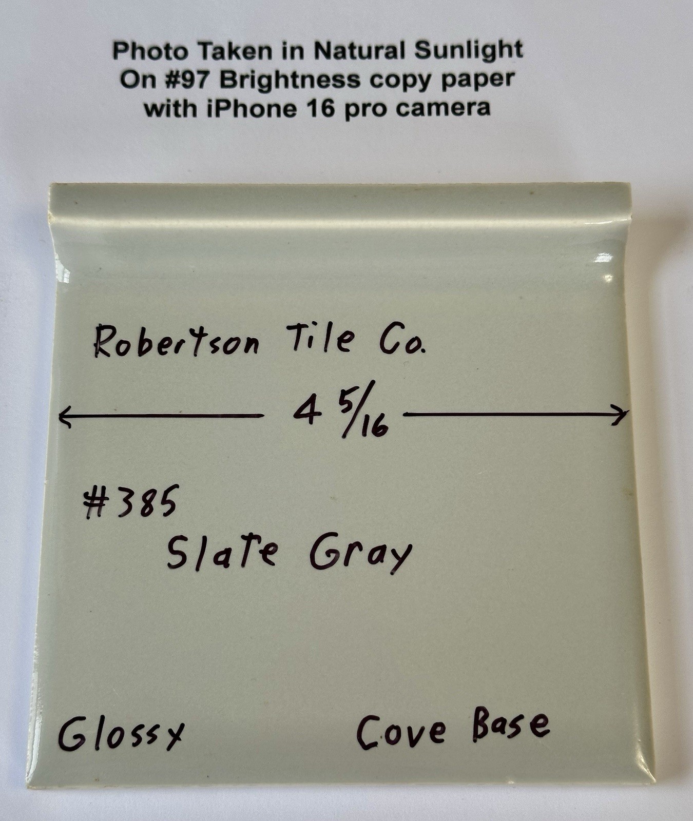 1 pc. Slate Gray: 4-5/16″ Glossy Ceramic Cove-Base Tile by Robertson Co. #385