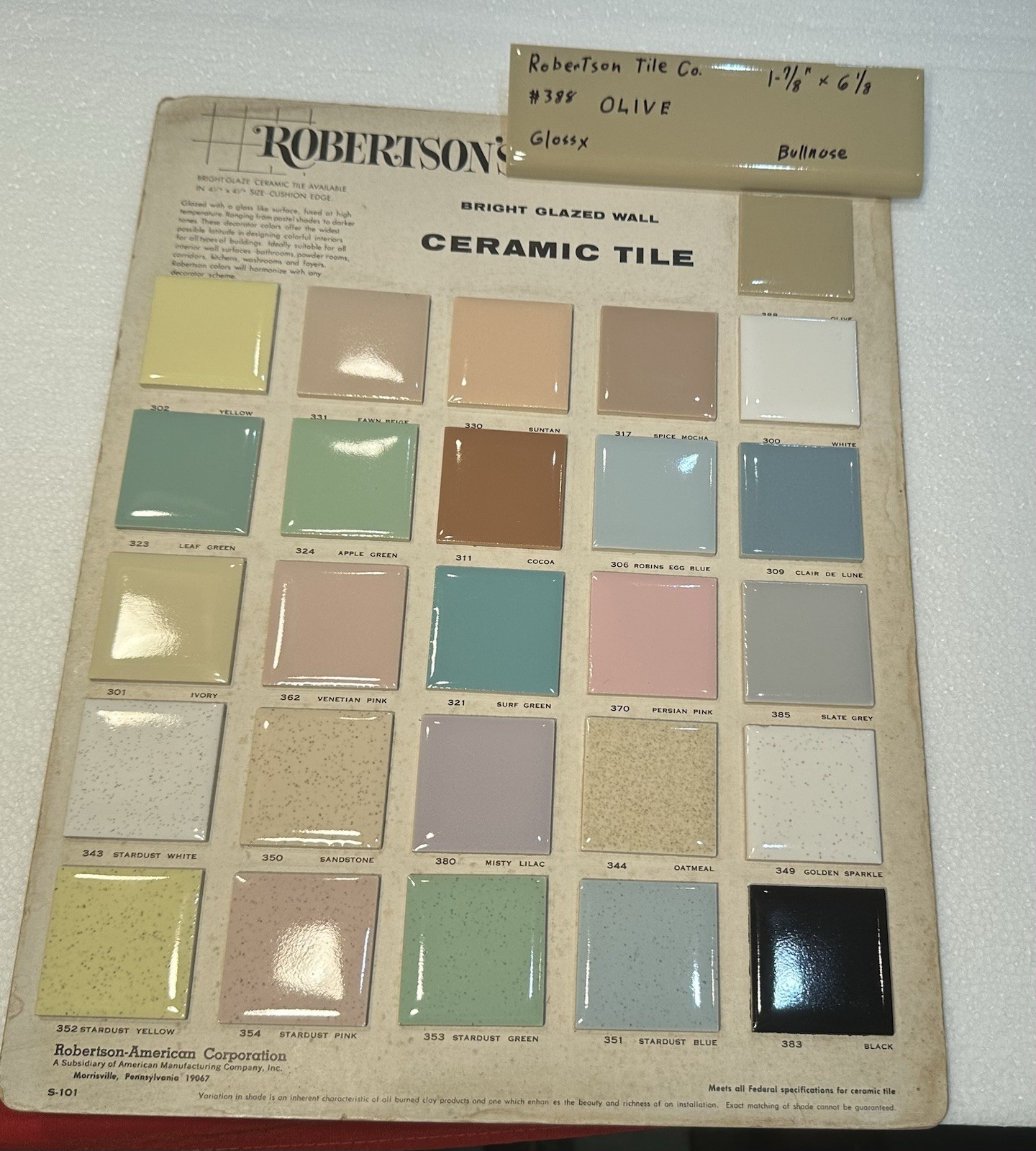 1 pc. Olive – Green: 2” X 6” Glossy Bullnose Ceramic Tile by Robertson, NOS