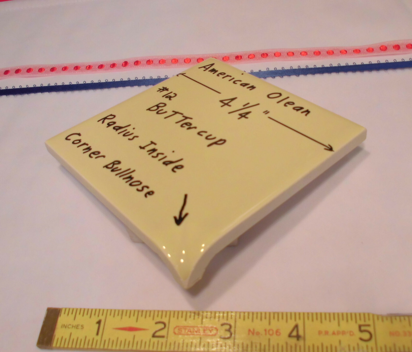 Buttercup Yellow; Glossy Radius Inside Corner Bullnose Ceramic Tile 4-1/4″ A.O.