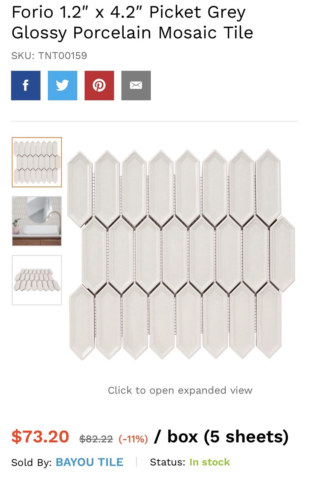 NEW Forio 1.2” x 4.2” Picket Grey Glossy Porcelain Mosaic Tile Gray 4.8 Sq Ft