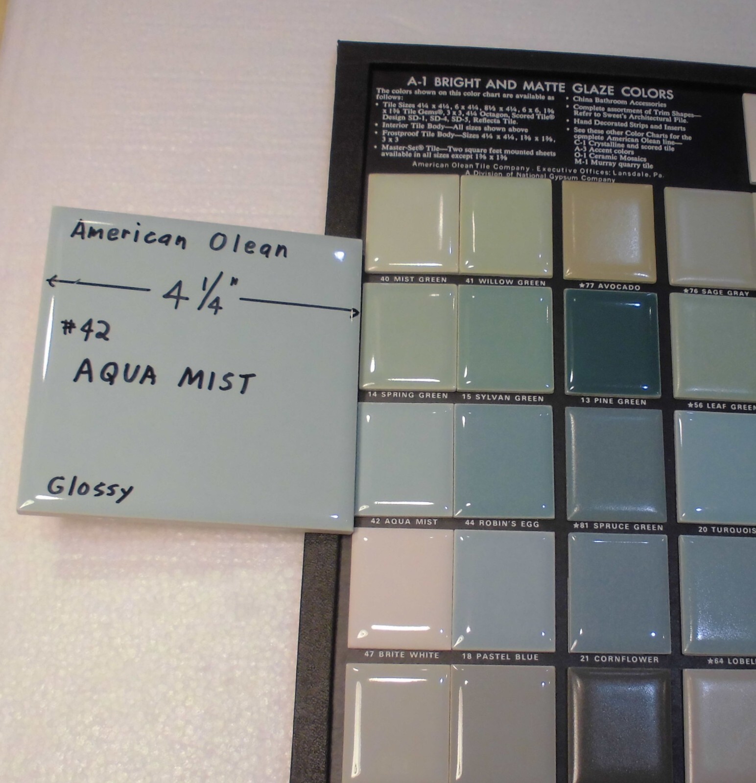 1 pc. Glossy Ceramic Tile *Aqua Mist #42* American Olean 4-1/4″ Blue-Green NOS