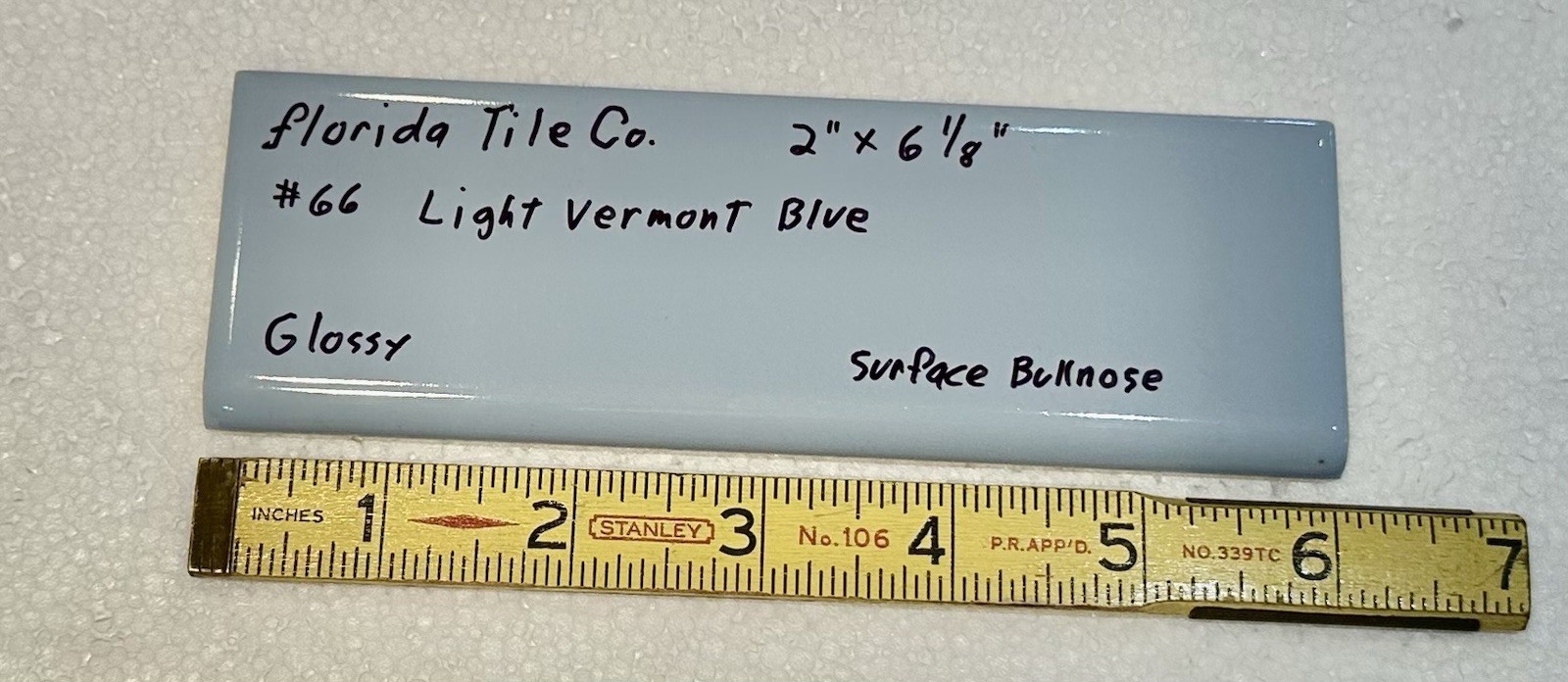 1 pc. Light Vermont Blue: 2″ x 6-1/8″ Bullnose Ceramic Tile by florida Co. NEW