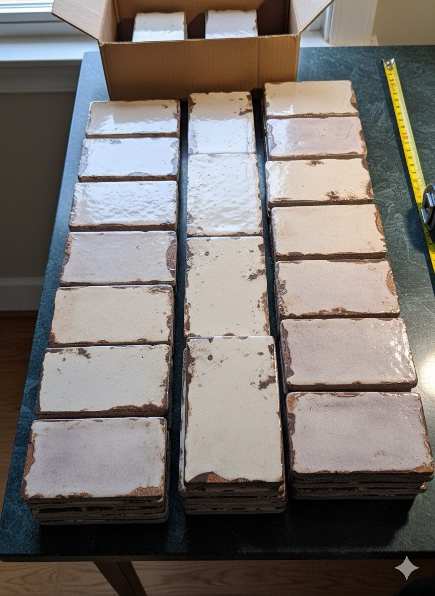 Vintage Flint Faience 3×6 Tiles Mottled White/Tan Architectural Salvage Art Deco